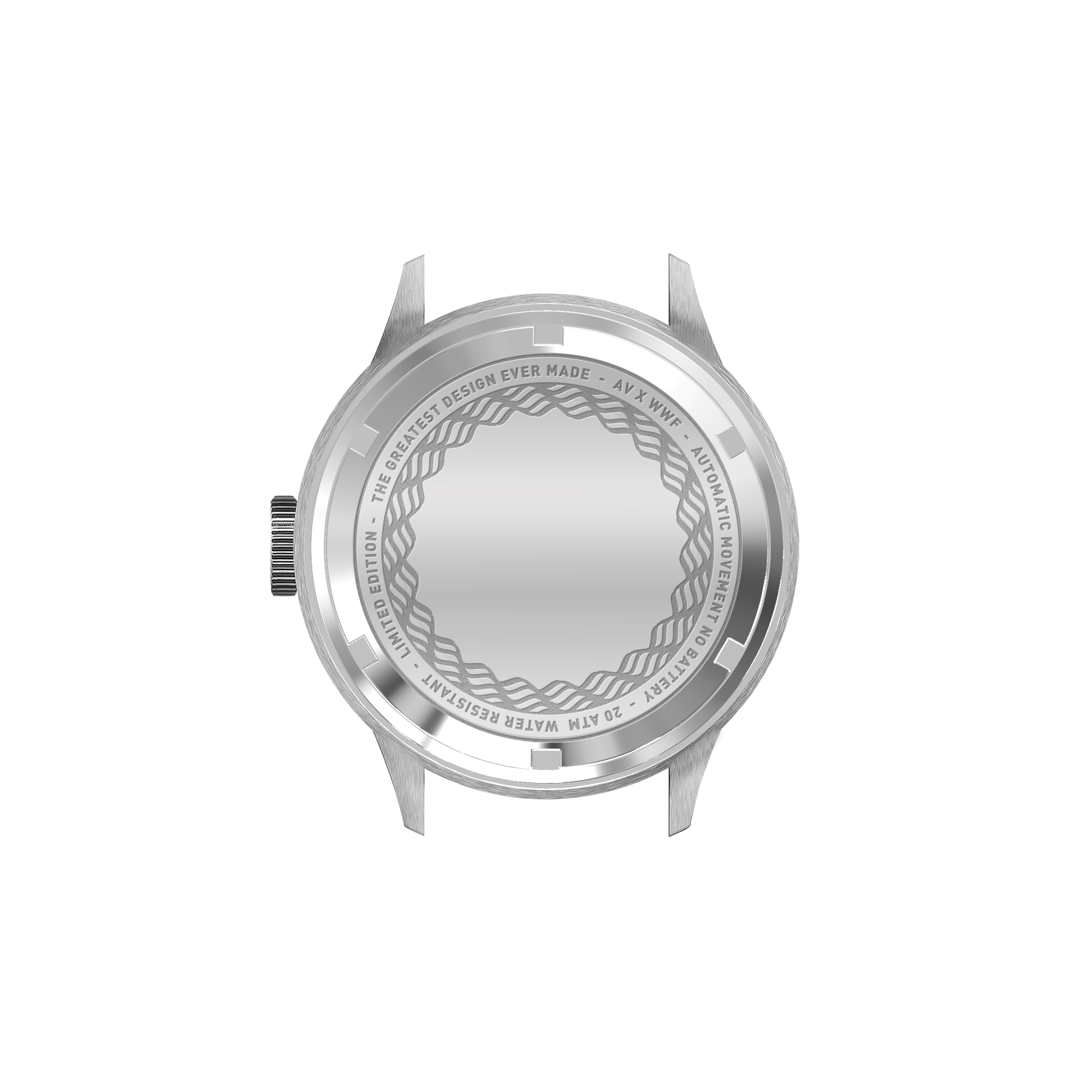 VB Kong Hans Eg, Limited Edition by AV86 watch case back with engraved text, wave pattern, and brushed metal finish