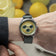 1564 Chronodate Automatic by AV86 vintage-inspired chronograph with sapphire crystal, textured dial, and suede leather strap on wrist