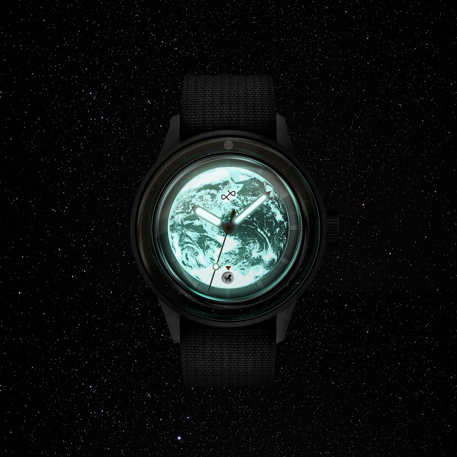 Earthrise WWF Partnership, Automatic / 2025 Edition by AV86 automatic watch with luminous Earth dial, sapphire crystal, and fabric strap