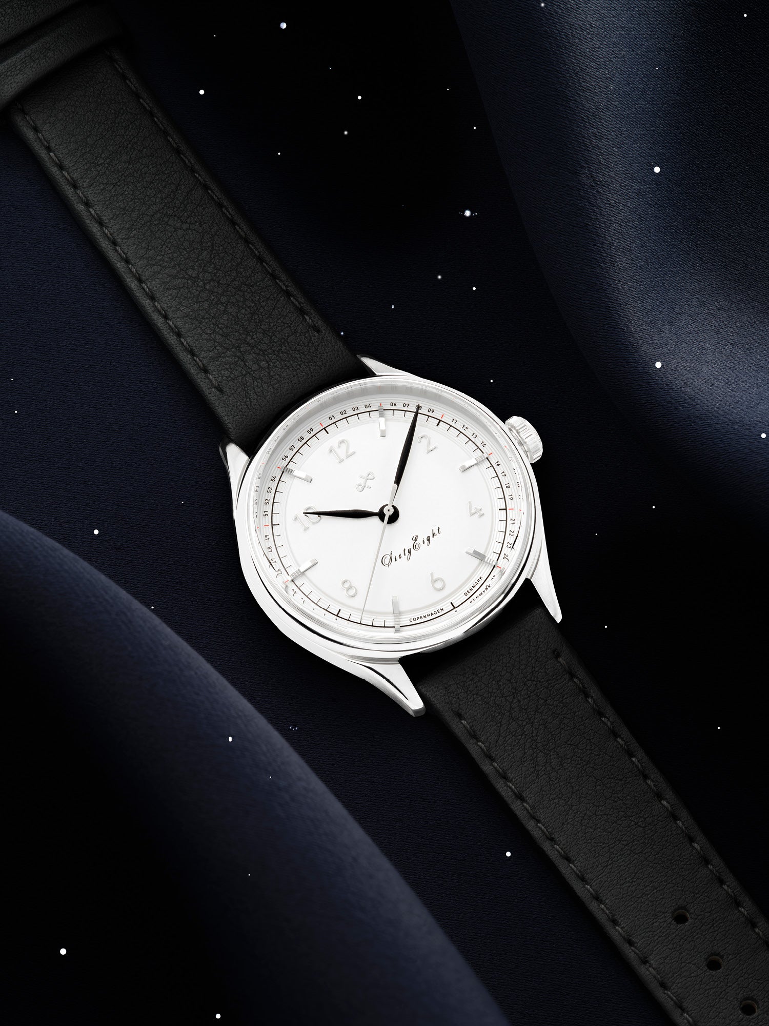 1968 Sixtyeight by AV86 vintage-inspired dress watch with minimalist dial, sapphire crystal, and black leather strap