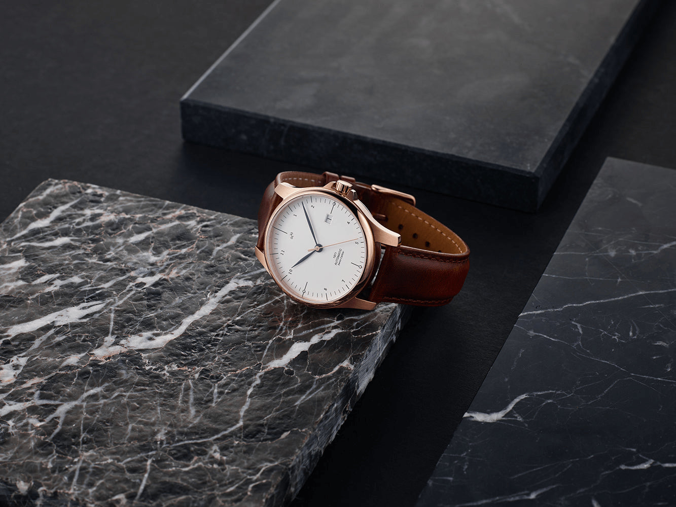 1971 Automatic, Rose Gold / White - Swiss Made by AV86 luxury automatic watch with sapphire crystal and brown leather strap