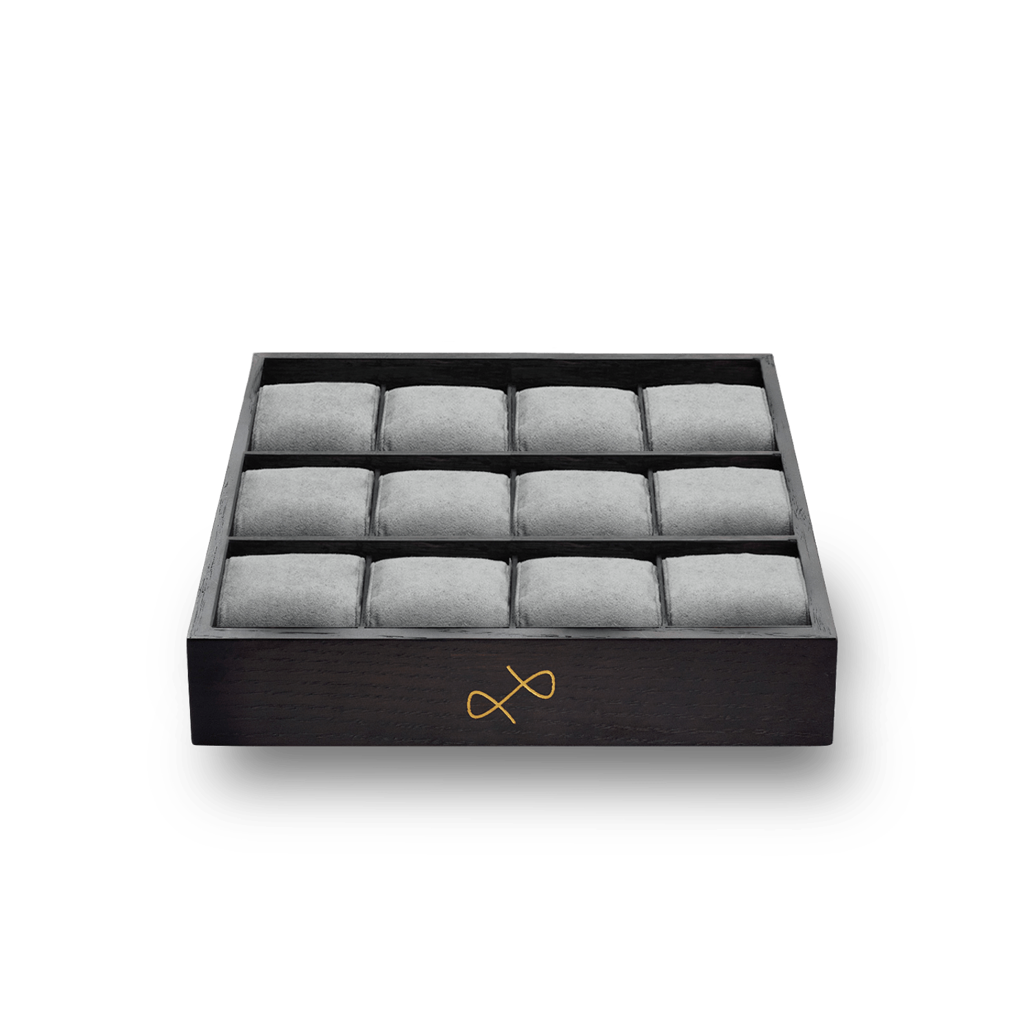 Collectors box - 12 pcs by AV86 in dark smoked oak with brass logo, featuring 12 grey suede pillows for watch display and storage