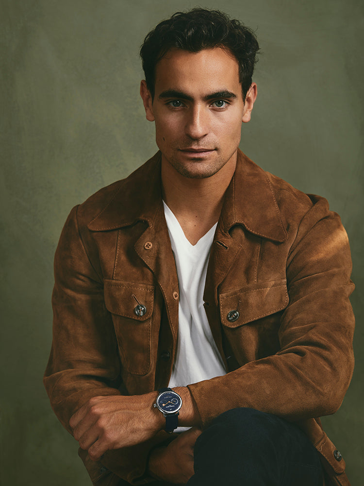 1988 Moonphase, Limited Edition by AV86 automatic moonphase watch with sapphire crystal and leather strap worn with casual autumn attire